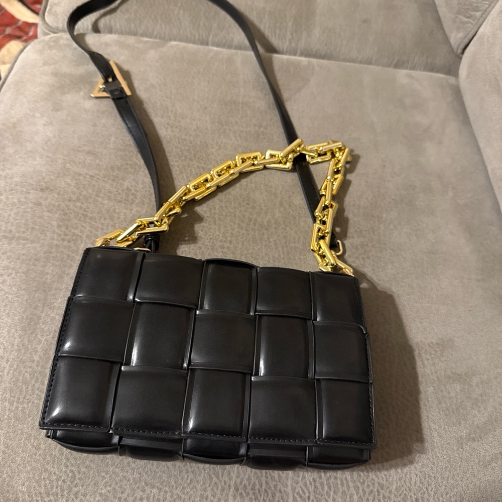 Black Quilted Leather Bag with Gold Chain